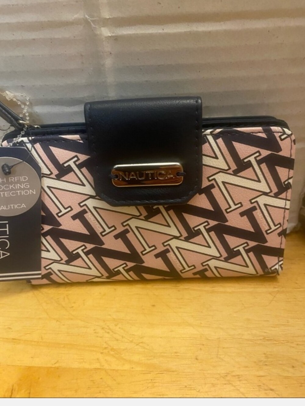 Nautica Pink, Black Logo-Print  Zip Wallet NEW No Callouts